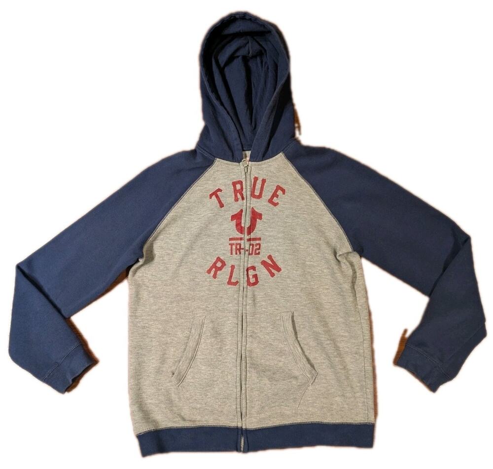 True Religion Zip Up Hoodie Women’s L Gray Blue Raglan Y2K TR-02 Logo